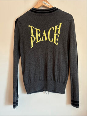 LISA TODD Gray Knit Teach Peace Cardigan Womens Size Small Modern Whimsical